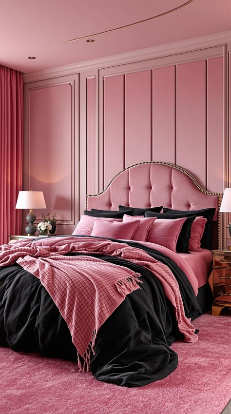 Pink and Black Bedrooms Rose Pink And Black Bedroom, Black Glam Bedroom, Pink And Black Bedroom Ideas, Pink And Black Bedroom, Black Bedroom Ideas, Art Deco Inspiration, Glam Bedroom, Affordable Bedding, Sleek Furniture