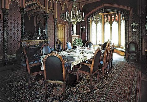 Figure 2: Social and economic considerations in interior design.(left) Elaborate mid-19th century dining room in the Gothic Revival style, Lyndhurst, Tarrytown New York, designed by Alexander J. Davis. Gothic Revival Interior, Gothic Dining Room, Victorian Gothic Interior, Gothic Interior Design, Gothic Mansion, Gothic Interior, Victorian Home Decor, Interior Design Games, Victorian Interiors