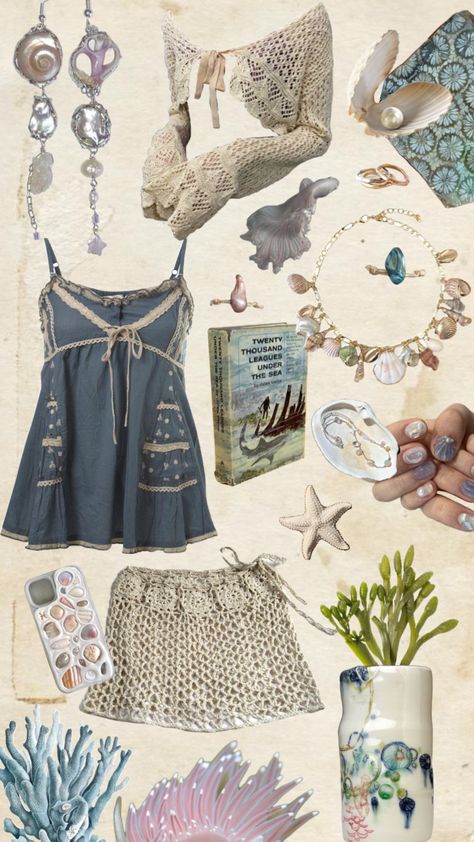 #mermaid #mermaidcore #mermaidaesthetic #outfitinspo #vintage #beach #beachgirl #oceanaesthetic #ocean #oceancore #seashells #jewelry #moodboards #summeroutfit #summeraesthetic #styleinspo #outfit #outfitideas Ariel Inspired Outfits Aesthetic, Siren Outfit Inspiration, Mermaid Core Moodboard, Ocean Clothes Fashion, Mermaid Core Fits, Sea Based Outfits, Mermaidcore Aesthetic Jewelry, Ocean Witch Aesthetic Fashion, Ocean Clothing Aesthetic