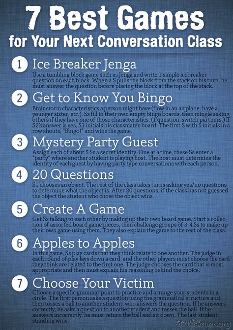 POSTER: 7 Best Games for Your Next Conversation Class Classroom Posters Free, Esl Classroom, Speaking Activities, Classroom Games, How To Start Conversations, Esl Teaching, Ice Breakers, Language Teaching, Teaching Spanish