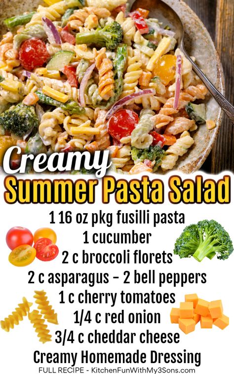 This is the absolute Best Ever Creamy Pasta Salad Recipe made with cucumbers, bell peppers, broccoli, cherry tomatoes, red onion, cheddar cheese and a creamy ranch dressing full of flavor! Fusilli Pasta Salad Recipes, Creamy Pasta Salad Recipe, Picnic Dishes, Garden Pasta Salad, Summertime Meals, Big Salads, Creamy Pasta Salad, Broccoli Pasta Salads, Creamy Pasta Salads