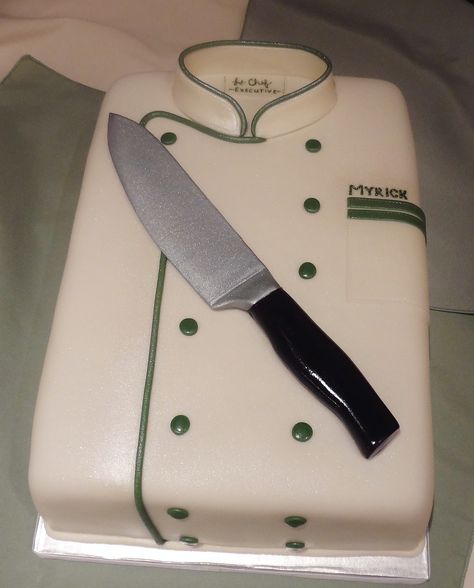 Chef's Coat Groom's Cake - possibly a simpler version minus the knife for kid party (licorice rope trim, m&m buttons, cardstock collar if I can't find suitable edible option) Chef Cake, Chef Coat, Gateaux Cake, Specialty Cakes, Unique Cakes, Cake Cover, Master Chef, Novelty Cakes, Special Cake