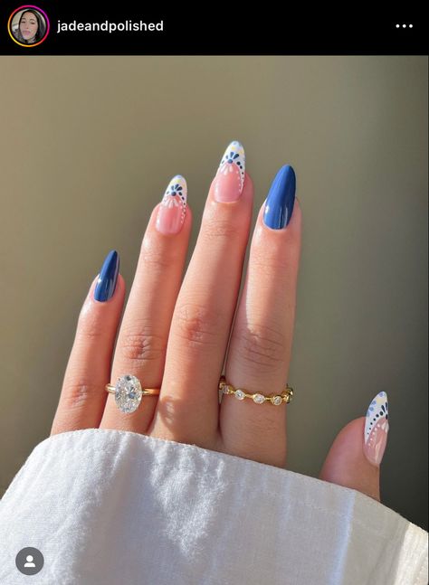 Summer Nails For Europe, Greek Inspo Nails, Portuguese Inspired Nails, Blue Talavera Nails, Mediterranean Inspired Nails, Coastal Granddaughter Nail Ideas, European Nails Summer, Barcelona Nails Design, Mexican Style Nails Almond