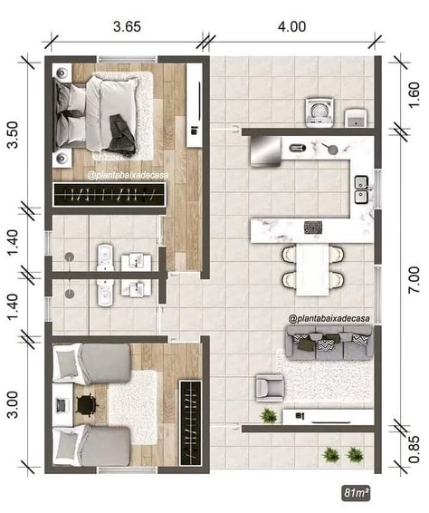 80m2 Apartment Plan, Mini House Plans, House Structure Design, Small House Blueprints, Small Modern House Plans, Desain Pantry, Little House Plans, Modern Small House Design, Tiny House Loft