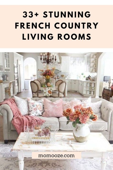 The French country living room is a place with luxury mixed with chic and graceful elements. Romantic Traditional Living Room, French Country Couch Living Room, Small Cottage Interiors Living Room Chic, Romantic Sitting Room, Feminine Farmhouse Living Room, French Country Provincial Decor, Pink French Country Living Room, French Country Interiors Living Room, Pink Farmhouse Living Room