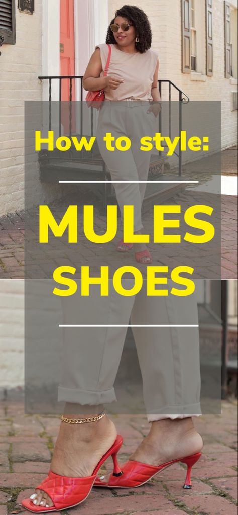 How to style mules shoes, how to style mules heels, how to style mules 2023, how to style flat mules, how to wear mules, how to wear mule shoes, comfortable shoes, summer shoes, summer outfits Mule Pumps Outfit, How To Style Mules Heels Outfits, Outfits With Mules Heels, Mule Heel Outfit, Pointed Toe Mules Outfit, Block Heel Mules Outfit, Pointed Mules Outfit, Open Toe Mules Outfit, Slip On Mules Outfit