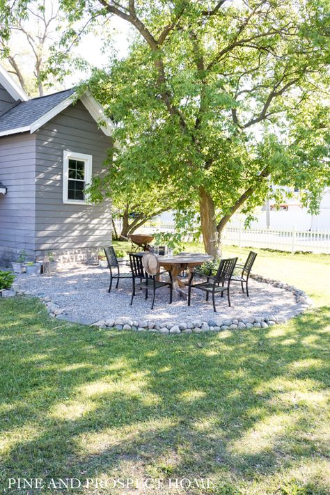 Gravel Around Home, Gravel In Backyard, Pergola Pea Gravel, Pea Gravel Patio With Pergola, Cottage Style Backyard, Pea Gravel Patio Diy Landscape Design, Outdoor Sitting Area Ideas Pea Gravel, Pea Gravel Landscaping, Backyard Patio Ideas On A Budget Outdoor Areas Pea Gravel