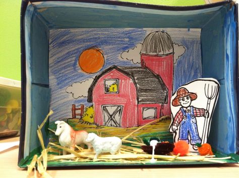 Farm dioramas we made in class this year 2014 as part of farm week Posting Activities, Charlottes Web Activities, Farm Diorama, Art Homeschool, 1st Grade Learning, Diorama Kids, Farm Week, Ag Day, Web Activity