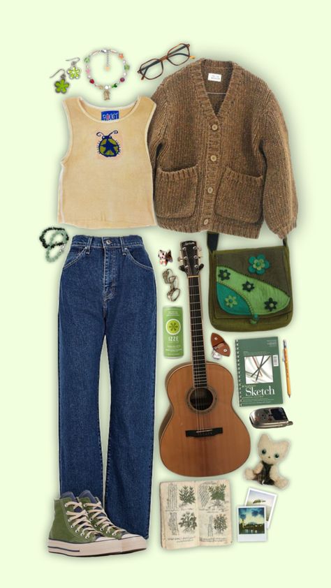 #aestheticoutfit #outfit #outfitinspiration #outfitinspo #green #musician Musician Outfits Women, Musician Aesthetic Outfits, Marauders Outfits, 90s Fashion Outfits 1990s Style, 2000s Aesthetic Outfits, Sixth Dimension, 1990s Aesthetic, Photography Reference, Earth Style