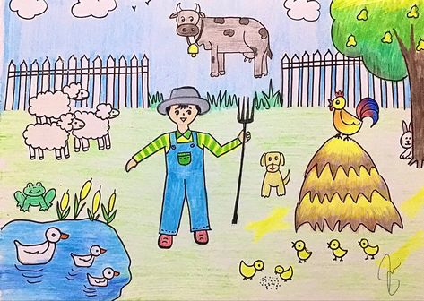 Easy to learn farm scenery drawing Farm Animals Drawing Easy, How To Draw A Farm, Farm Drawing Easy, Farm Drawing, Cartoons Rangoli, Paper Plate Art, Scenery Drawing For Kids, Drawing Games For Kids, Farm Scenery