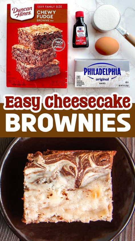 This is how you take a box of brownie mix and turn it into an impressive homemade dessert! Simply mix cream cheese with sugar and an egg and drop it onto premade brownie batter. Swirl it around to create a swirled effect, and bake! The combination of flavors is amazing. This is one of the easiest desserts I've ever made, and yet probably the best. My family can't get enough of them! I seriously have to guard the pan to keep my kids out of them. Desserts To Make At Home, Swirled Brownies, Greek Yogurt Blueberry Muffins, Pancake Mix Muffins, Peanut Butter Lasagna, Blueberry Yogurt Muffins, Boxed Brownies, Low Carb Greek Yogurt, Brownies Fudgy