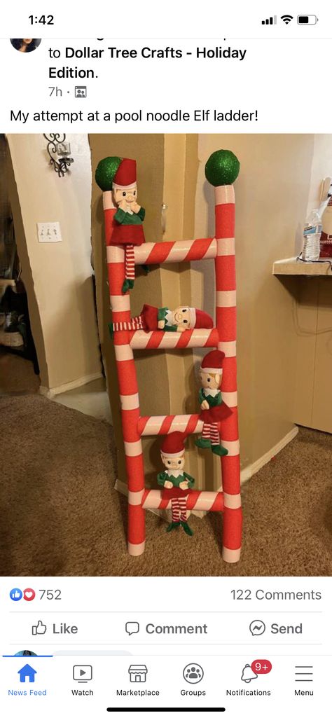 North Pole Christmas Decor Office, Pool Noodle Holiday Decor, Dollar Tree Pool Noodle Christmas Crafts, Elf Ladder For Christmas Tree Diy, Pool Noodle Christmas, Christmas Pool Noodle Crafts, Christmas Pool Noodle Ideas, Pool Noodle Christmas Decorations, North Pole Christmas Decor