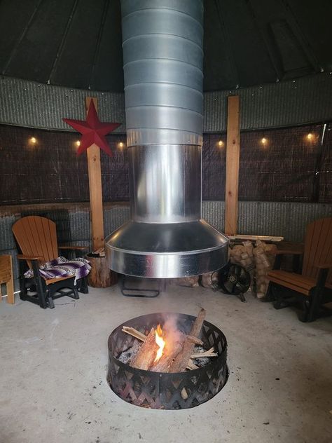 Binzebo, Grain Bin Repurposing | Got our hood up over the fire pit Bin Fire Pit, Grain Bin Fire Pit, Fire Pit Hood, Gazebo With Fire Pit, Corn Crib, Silo House, Lodge Homes, Backyard Gazebo, Outdoor Decor Backyard