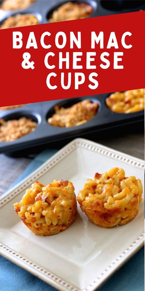 Bacon Macaroni and Cheese Cups Mac And Cheese Bites With Bacon, Macaroni And Cheese Muffins, Macaroni Cups Muffin Tins, Bacon Mac And Cheese Bites, Macaroni And Cheese Cups Muffin Tins, Cheese Cubes Recipes, Macaroni Bites, Crostini Ideas, Macaroni Cheese Bites