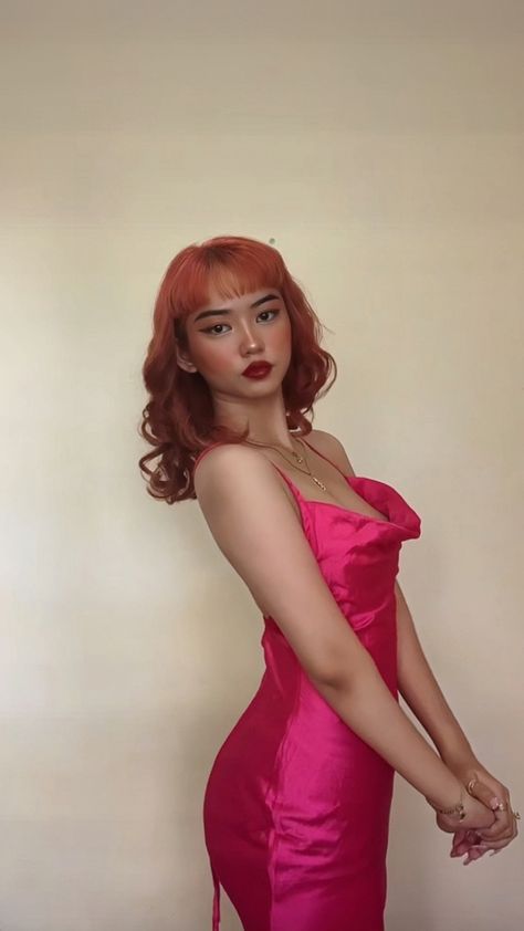 Ginger Wearing Pink, Red Hair Pink Dress, Cherry Red Hair, Ginger Hair, Stylish Hair, Pink Outfit, Satin Dress, Wear Pink, Cherry Red