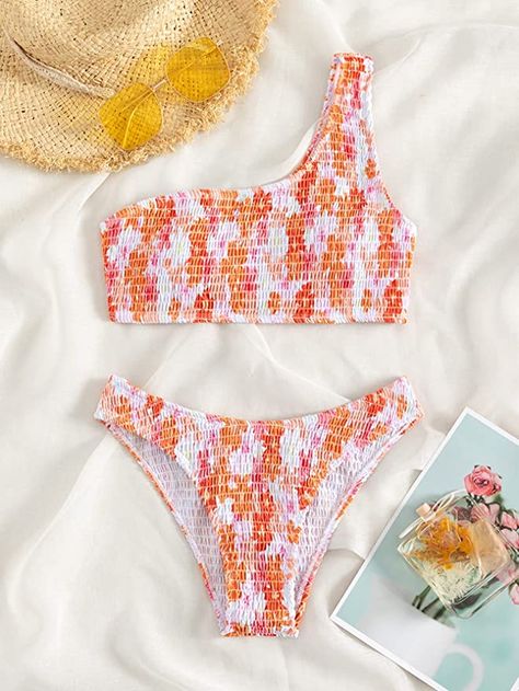 floral pink and orange one-shoulder bikini Swimsuits From Shein, Teen Girl Swimsuit Ideas, Cute Shein Bathing Suits, Teen Swimsuits Outfits, Preppy Bathing Suits For Kids, Summer Swimsuits For Teens, Cute Bikins For Teens, Preppy Swimsuits For Teens, Swimsuits For Teen Girls Bikinis