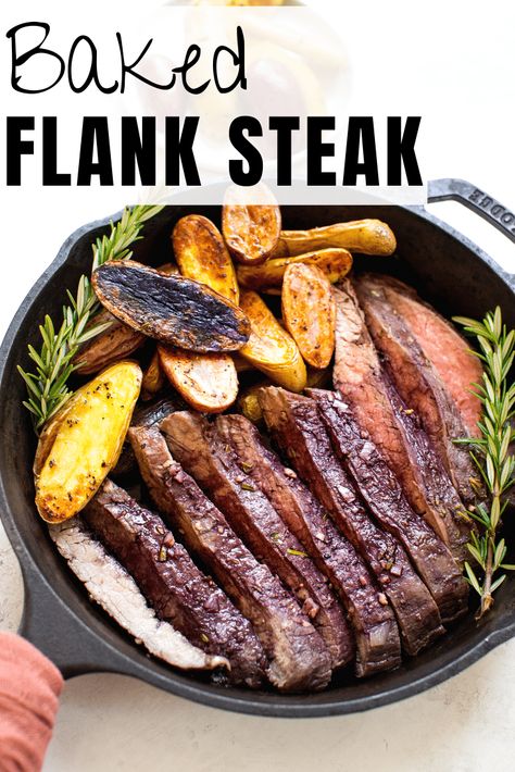 This Baked Flank Steak recipe is made with a red wine marinade, cooked to perfection and broiled in the oven and is an easy and healthy dinner. Serve with your sides of choice, I recommend fingerling potatoes and a green veggie. Be sure to watch the recipe video too! #flanksteak #broil #bakedflanksteak #healthydinner #potatoes #sidedishes #dinner #marinade #redwine #redwinemarinade #redwinereduction Baked Flank Steak Oven, Baked Flank Steak, Flank Steak Oven, Red Wine Marinade, Broil Flank Steak, Wine Marinade, Flank Steak Recipe, Easy Mongolian Beef, Marinated Flank Steak