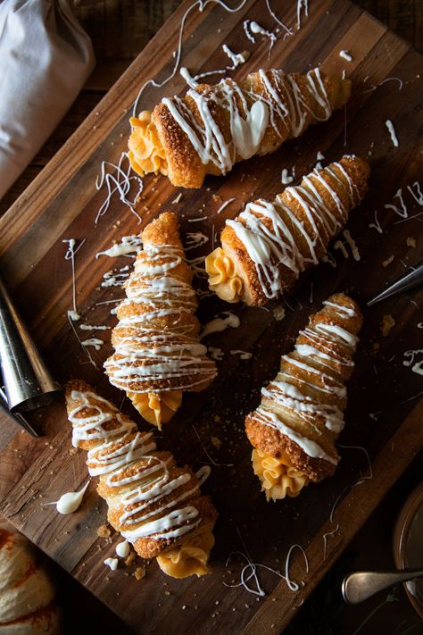 Pumpkin Cream Cheese Filled Cream Horns — Under A Tin Roof Baked Goods To Sell, Dutch Letters, Make Puff Pastry, Cream Horn, Cottage Bakery, Cream Horns, Pumpkin Cream Cheese, Farm Store, Pumpkin Cream Cheeses