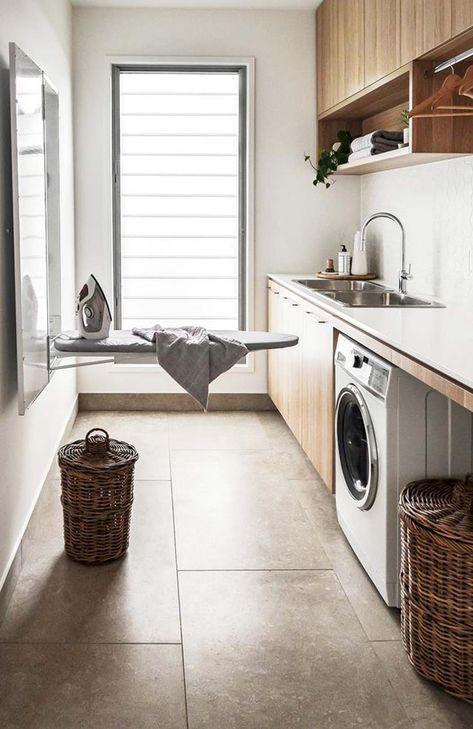 Small Laundry Room Ideas to Save Space | ABI Interiors Minimal Laundry Room, Minimal Laundry, Laundry Bathroom Combo, Narrow Laundry, Small Laundry Space, Small Laundry Room Ideas, Abi Interiors, Laundry Shelves, Red Towels