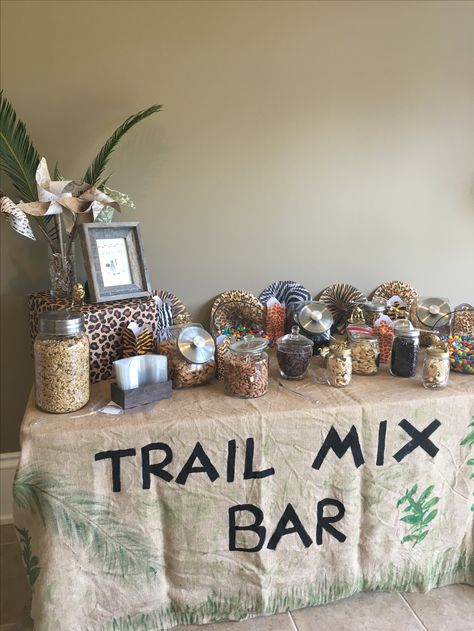 Safari Themed Party, Trail Mix Bar, Wild Baby Shower, Zoo Birthday Party, 2nd Birthday Party For Girl, Baby Shower Safari Theme, Wild Birthday Party, Jungle Theme Birthday, Jungle Birthday Party