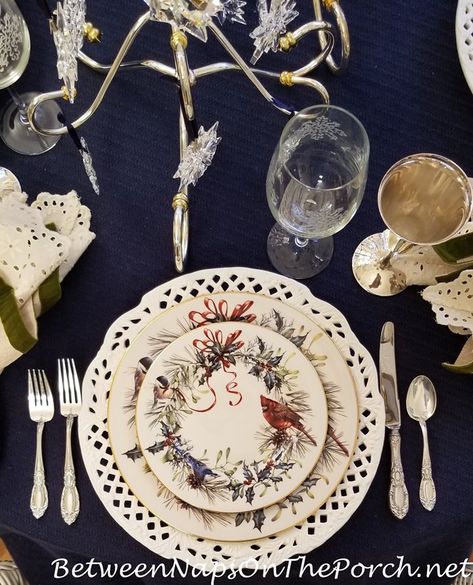 A Beautiful, Bird-Themed China Pattern for Wintertime: Lenox Winter Greetings Winter Table Settings, Lenox Winter Greetings, Snowflake Centerpieces, Winter Table Setting, Winter Greetings, Holiday China, Interior Design Dining, Lenox Christmas, Christmas China