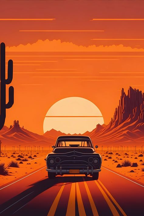 Get lost in the peaceful serenity of this vintage sunset wallpaper. The warm desert hues and classic car add nostalgia and calmness to any room. #sunsetwallpaper #desertwallpaper #classiccars #calmness #vintagewallpaper Retro Aesthetic Prints, Sunset Animation, Alternative Wallpaper, Car Desert, Villa Patio, Calm Wallpaper, Car Sunset, Drawing Sunset, Sunset Desert