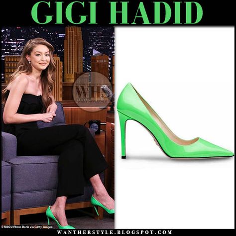 Gigi Hadid in bright neon green patent pumps Bright Green Shoes Outfit, Neon Green Heels Outfit, Neon Green Shoes Outfit, Green Pumps Outfit, Green Heels Outfit, Neon Green Heels, Green Shoes Outfit, Neon Pumps, Blonde Natural Hair