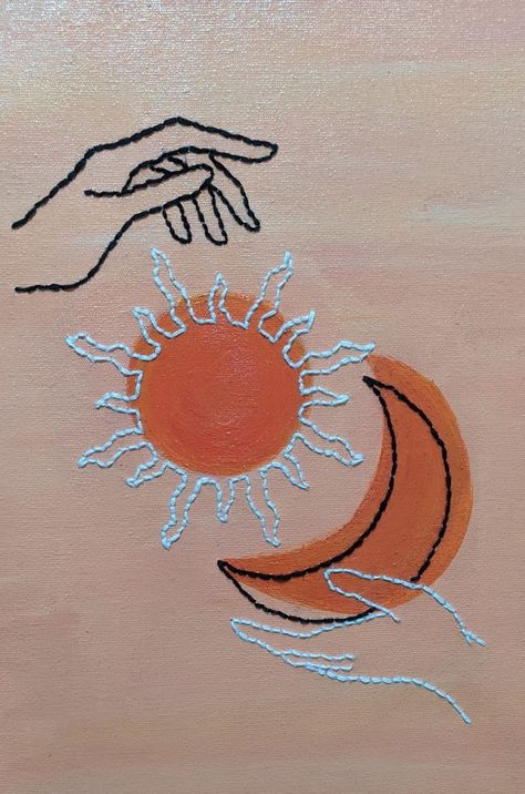 Moon And Sun Embroidery, Embroidery On Canvas Diy, Embroidery Painting Canvas, Embroided Canvas, Sun And Moon Embroidery, Camp Sweatshirt, Embroidered Painting, Sun Embroidery, Embroidered Canvas Art