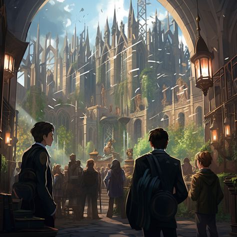 a daytime scene at hogwarts upclose on several characters from the book. It is a futuristic magic school although the characters still wear 19th century styles, but futurized Fantasy Academy Aesthetic, Magic University Fantasy Art, Wizard School Art, Magic Academy Fantasy Art, Magic School Subjects, Magical School Art, Magical Academy Aesthetic, Dnd Magic School, Fantasy Academy Art