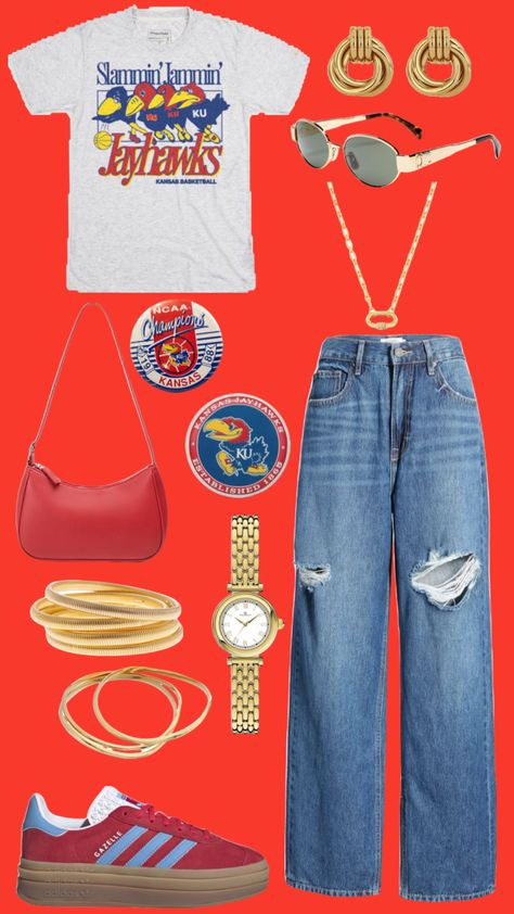 #ku #gameday #outfit Ku Basketball Game Outfit, College Outfits Game Day, Ku Football, Ku Basketball, Basketball Game Outfit, Gameday Fits, Kansas University, Outfit Boards, Rock Chalk Jayhawk