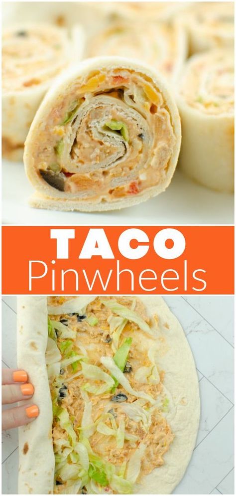 Taco Pinwheels - taco meat, salsa, cheddar cheese, and all the taco fixins rolled into flour tortillas and sliced into bite-size pinwheels! Easy, delicious, kid-friendly lunch! These are great for summer break. Taco Pinwheels, Pinwheel Appetizers, Pinwheel Recipes, Easy Party Food, Party Snack, Tasty Bites, Flour Tortillas, Top Recipes, Wrap Recipes