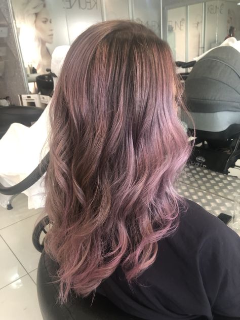 Dusty Rose Highlights Brunette, Pink Ash Hair, Brown Root Pink Hair, Dusty Pink Highlights Brunette, Muted Pink Brown Hair, Mauve Hair Color Rose Dusty Pink, Pale Pink Hair Dark Roots, Dusty Pink Hair, Pale Pink Hair