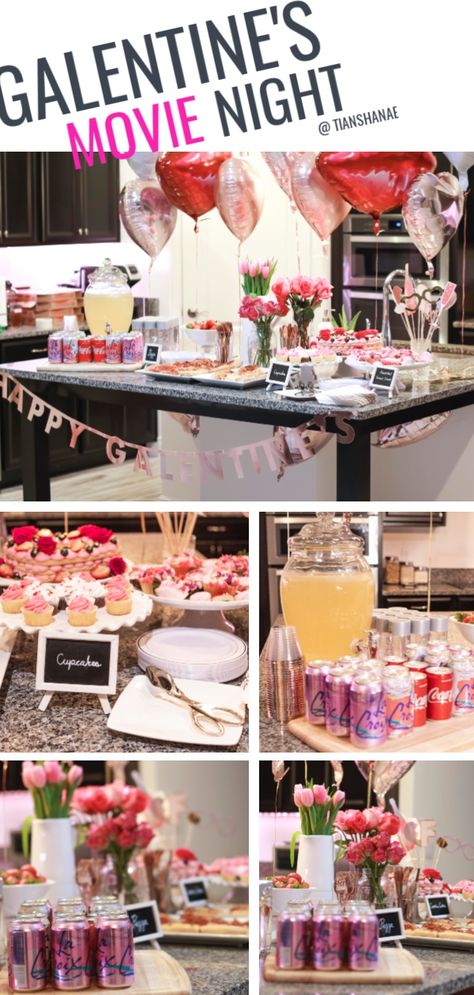 Galentines Movie Night Ideas, Galentines Party Ideas Girls Night Pjs, Galentines Movie Ideas, Girls Night Movie Night, Valentine’s Day Movie Night, Galentines Movie Night, Galentines Activity Ideas Girls Night, Galentines Pj Party, Girls Movie Night Ideas