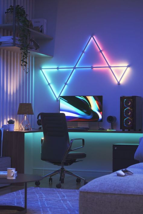 Nanoleaf Lines smart backlit LED light bars in a living room above the monitor on a desk Led Setup Room, White Rgb Gaming Setup, Rgb Lighting Ideas Gaming, Nanoleaf Triangle Ideas, Rgb Bedroom Ideas, Gaming Room Led Lights, Monitor Light Bar, Led Lights Bedroom Aesthetic Boys, Rgb Lighting Ideas Bedroom