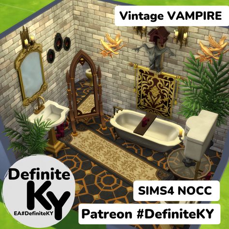 My works are 100% NOCC/ Mod-Free/ Functional in gameplay. ***Download from Patreon or EA gallery #DefiniteKY Vampire Bathroom, Vampire Room, Sims 4 Apartment, Sims Interior, House Sims 4, Vintage Vampire, Vampire House, Dark Bathroom, Dark Bathrooms