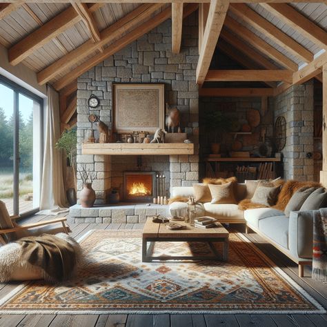 There is a roaring fireplace centered on one of the walls with a mantel decorated with vintage artifacts. A plush, comfortable, L-shaped beige color sofa is adjacent to the fireplace. An antique wooden coffee table sits in the middle of the room. Patterns of cozy kilim rugs and throws are scattered around. Light is streaming in from a picture window, which has a view of a serene forest outside. The room has a warm and inviting atmosphere, perfect for serving as inspiration for a remodel. Cabin Interiors Living Room, Cozy Rustic Cabin, Rustic Cabin Living Room, Cabin Living Room, Cabin Interiors, Cabin Living, Cabin Style, Rustic Cabin, Living Room Interior