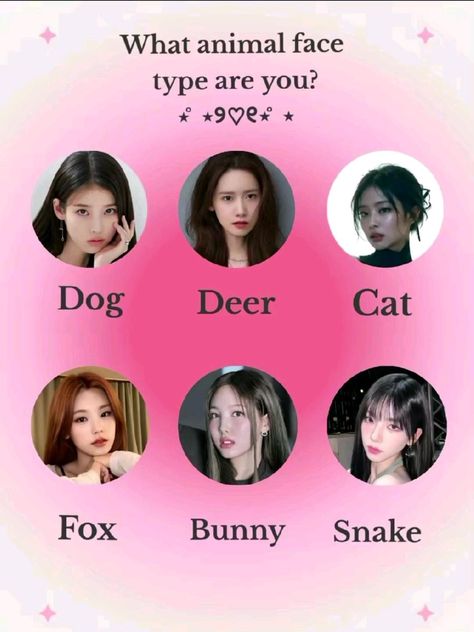 Tiktok: klolixz💋  #klolixz #animalface #animalfacetype #facetype #beauty #beautyhacks #beautytips #glowuptips #wonyoungism #glowup #iu #yeji #jennie #karina #nayeon #yoona #selfcare #test Animal Face Type, Organza Kurti Designs Indian, Animal Makeup, Makeup Accesories, Good Skin Tips, Types Of Eyes, Perfect Skin Care Routine, Asian Eye Makeup, Spring Makeup