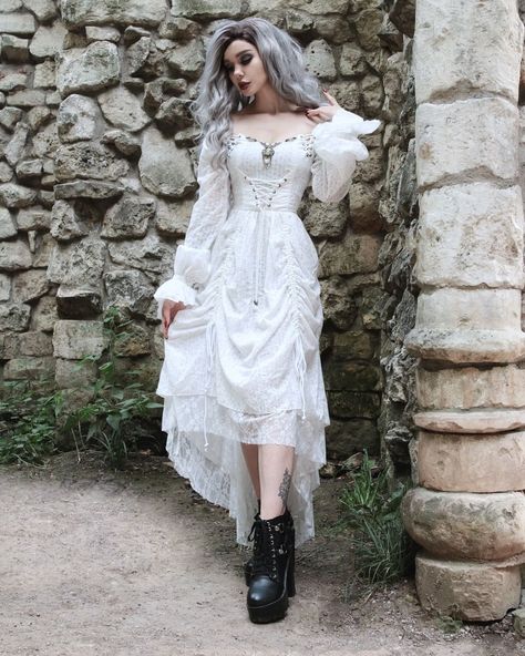 DevilNightUK (@devilnightuk) posted on Instagram • Aug 25, 2020 at 9:00pm UTC White Goth Dress, White Gothic Dress, White Goth Outfit, White Goth Aesthetic, Lace High Low Dress, Ghost Dresses, White Gothic, White Goth, Dress Display