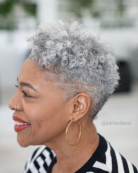 Imagem 1 de 1 Grey Hair Undercut, Short Black Natural Hairstyles, Ash Grey Hair, Short Curly Styles, Natural Hair Woman, Curly Pixie Haircuts, Curly Pixie Cuts, Curly Pixie, Tapered Hair