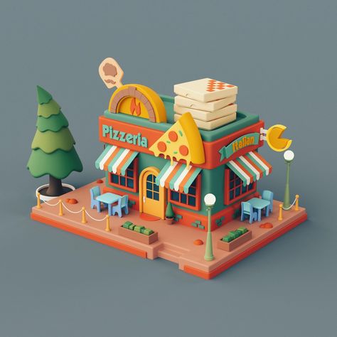 3d Shop Design, High Poly Modeling, Lowpoly 3d, Pizza Shop, 3d World, 귀여운 음식 그림, 3d Modeling Tutorial, Low Poly Games, Cartoon House