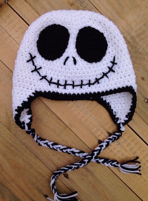 Jack Skellington inspired Crochet Hat, Skull Hat, Winter Hat, Halloween, Nightmare Before Christmas, Jack Skellington Crochet, Nightmare Before Christmas Crochet, Jack Skellington Costume, Crochet Christmas Hats, Nightmare Before Christmas Decorations, Earflap Hat, Crochet Disney, Crochet Cap, Knitted Wit