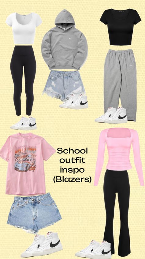 School outfit inspo(Blazers edition) #blazers #nike Nike Blazers 77 Outfit, Outfit Ideas With Nike Blazers, Blazer 77 Outfit, Nike Blazers Outfit Ideas, Blazer Shoes Outfit, Nike Blazers 77, Outfits With Nike Blazers, Style Nike Blazer, 8th Grade Outfits