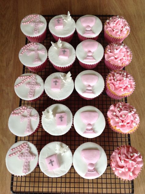 Holy communion cupcakes by Www.jojocupcakes.co.uk Communion Cupcakes, Christening Cupcakes Girl, Dedication Cupcakes, Communion Wafers, Cross Cupcake Cake Confirmation, Communion Sugar Cookies Girl, Cross Cupcake Cake First Communion, Christian Cakes, Christening Cake Girls