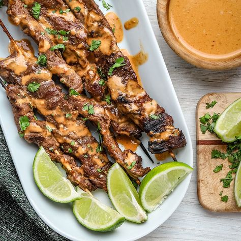 Beef Satay with Peanut Sauce Beef Satay With Peanut Sauce, Pork Satay With Peanut Sauce, Beef Satay Recipe, Keto Chicken Satay With Peanut Sauce, Satay Marinade, Chicken Satay With Spicy Peanut Sauce, Pioneer Woman Chicken Satay With Peanut Sauce, Beef Satay, Satay Recipe