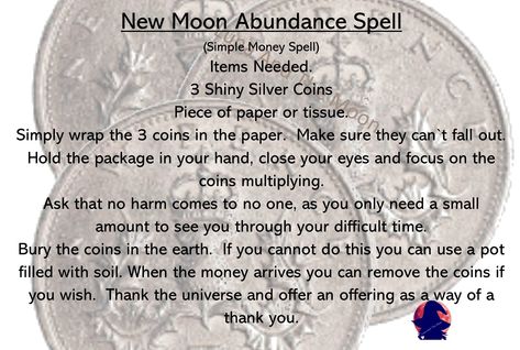 New Moon Abundance Spell. Simple Money Spell. New Moon Spells Money, New Moon Abundance Ritual, Simple Money Spells, New Moon Spell Jar, New Moon Money Spell, Hellenistic Paganism, Hearth Witchcraft, Astrology Candles, Abundance Spells