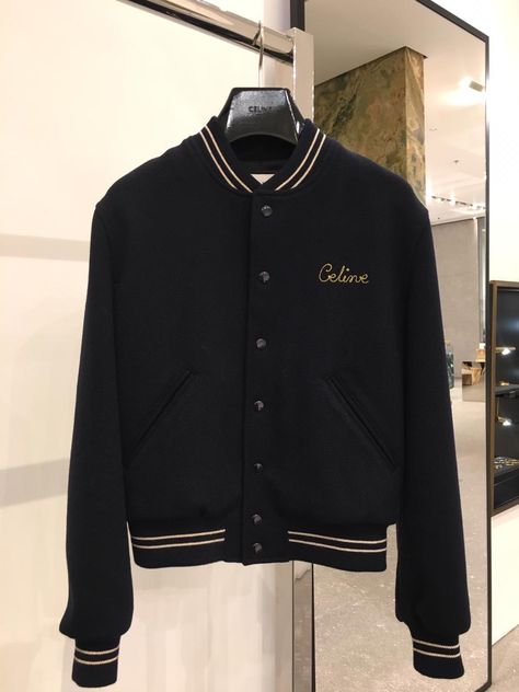 Celine Winter 2019 black bomber jacket with embroidery by PSL Celine Varsity Jacket, Celine Clothes, Celine Jacket, Embroidery Shirt Men, Lisa Celine, Zapatillas Nike Basketball, Jacket With Embroidery, Casual Attire For Women, 90s Fashion Outfits