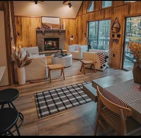 Finnish Living Room, Modern Rustic Cabin Bedroom, Small Cabin Interiors Cozy Living Room, Small Cozy Cabin Living Room, Small Cozy Cabin Interior, Wood Cabin Interior Design, Knotty Pine Accent Wall, Farmhouse Cabin Interior, Small Cabin Remodel