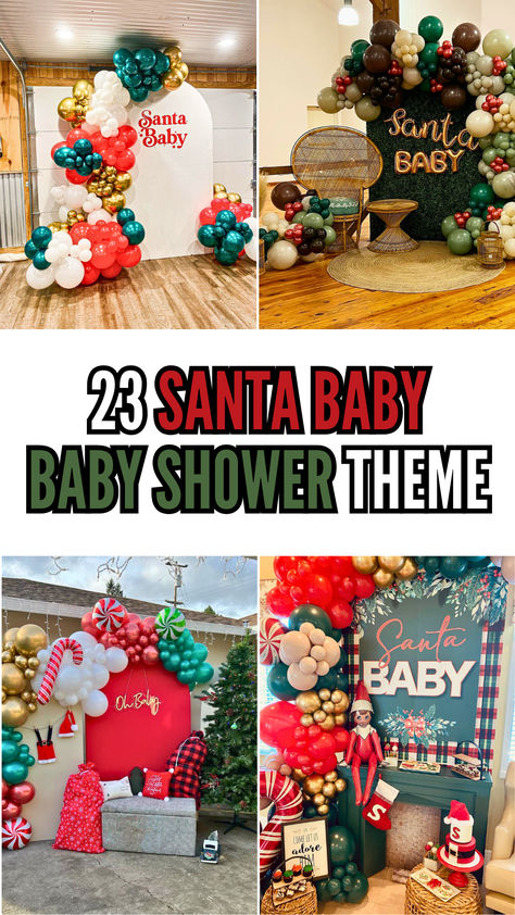 Collage of festive Santa Baby baby shower setups featuring balloon garlands, holiday decor, and cozy seating areas. Perfect for a cheerful and holiday-themed baby shower celebration! Santa Baby Baby Shower Theme Decorations, Santa Baby Shower Ideas, Santa Baby Baby Shower Theme, Whimsical Theme, Baby Shower Theme Decorations, Baby Shower Decorations For Boys, Christmas Baby Shower, Baby Shower Backdrop, Baby Blocks