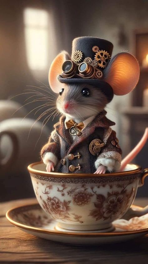 Steampunk Mouse, Steampunk Wallpaper, Steampunk Illustration, Alice In Wonderland Artwork, Steampunk Animals, Steampunk Artwork, Wonderland Artwork, Steampunk Cat, Animal Portraits Art