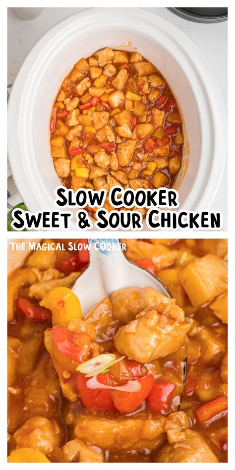 Skip the Chinese restaurants and make your own popular dish with this Slow Cooker Sweet and Sour Chicken recipe. Cubed chicken breasts, pineapple chunks, and colored bell peppers are slowly cooked in a sweet and sour sauce made from scratch. This is sure to become one of your favorite recipes. - The Magical Slow Cooker Sweet And Sour Chicken In Crockpot, Crock Pot Sweet And Sour Chicken, Slow Cooker Sweet And Sour Chicken, Sweet And Sour Chicken Crockpot, Crockpot Sweet And Sour Chicken, Sesame Chicken Crockpot, Sweet And Sour Chicken Recipe, Sour Chicken Recipe, Cubed Chicken